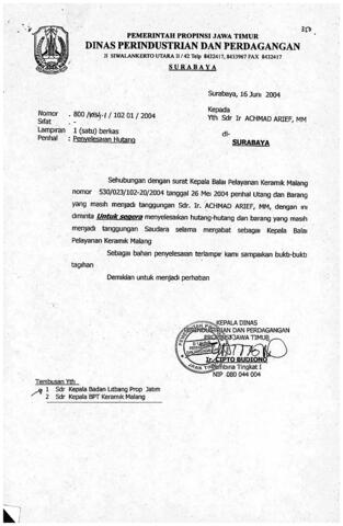 Surat Dari Kepala Dinas Perindustrian Dan Perdagangan Provinsi Jawa ...