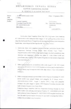 Kepala kantor Depnaker Kab/Kodya. Blitar : Surat kepada Menteri Tenaga Kerja RI tentang laporan p...