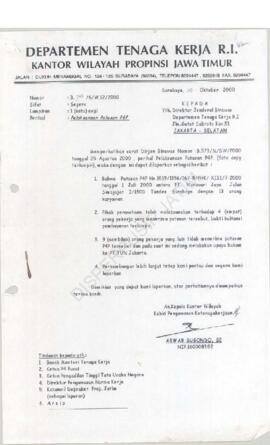 Kepala Kantor Wilayah Departemen Tenaga Kerja Propinsi Jawa Timur: Surat kepada Direktur Jendral ...