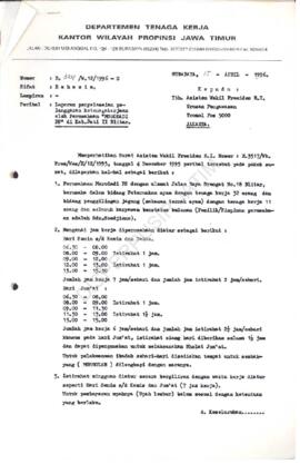 Surat Kakanwil Depnaker Prop. Jatim  kepada Asisten Wakil Presiden RI Urusan pengawasan Tromo Pos...
