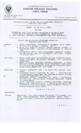 Surat Keputusan Ka.Kanwil Dep.Kes Prop Jatim Nomor : HK.00.06.6.2.1033 tentang pemberian ijin tet...