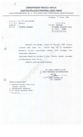 Surat Kepala Kantor Wilayah Departemen Tenaga Kerja Propinsi Jawa Timur : Surat kepada karyawan P...