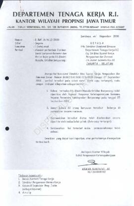Surat Kakanwil Depnaker Jatim kepada Direktur  Jenderal Binamas Depnaker RI cq. Dirjen Bina Syara...
