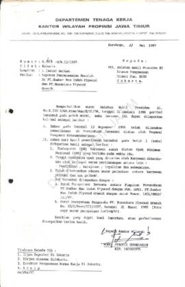 Surat Kakanwil Depnaker Jatim  kepada Asisten Wakil Presiden RI Urusan Pengawasan Tromol Pos  500...