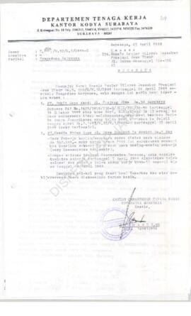 Kantor Departemen Tenaga Kerja Kotamadya Surabaya : Surat kepada Kepala Kantor Wilayah Departemen...