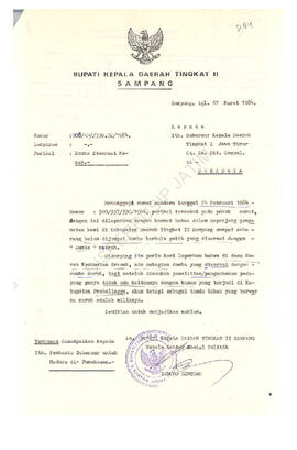 Surat bupati KDH TK II sampang kepada gubernur KDH TK I jatim tgl 17 maret 1984 tentang pemberian...