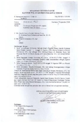 Persetujuan pergantian APA Apotik Gubernur Suryo di Gresik, 7 September 2000