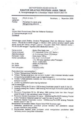 Surat kepada Balai Pemeriksaan Obat dan Makanan Surabaya Jl.Karangmenjangan No.20 Surabaya Nomor ...