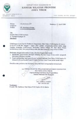 Surat dari Kakanwil Depkes Prop. Jatim kepada Balai POM diduga PT Roi Surya Prima melakukan produ...