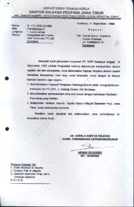 Kepala Kantor Wilayah Departemen Tenaga Kerja Propinsi Jawa Timur  : Surat kepada Kepala Kantor D...