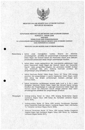 Keputusan Menteri Dalam Negeri dan Otonomi Daerah No. 40 Tahun 2000 tentang Penelitian dan Pengem...