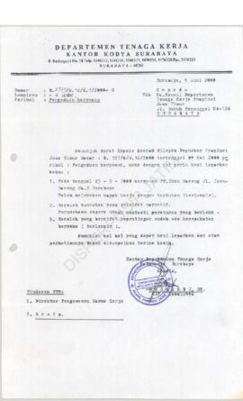 Kepala Kantor Departemen Tenaga Kerja Kotamadya Surabaya kepada Kepala Kantor Wilayah Departemen ...