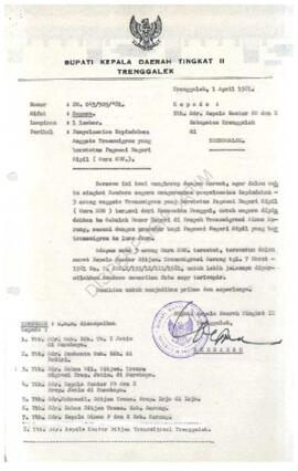 Surat dari Bupati Kepala Daerah Tk. II Trenggalek kepada Kepala Kantor P & K Kabupaten Trengg...