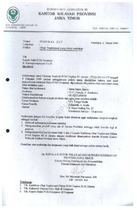 Surat kepada Kepala balai POM Surabaya Jl. Karang Menjangan no 20 tentang obat tradisional  asing...