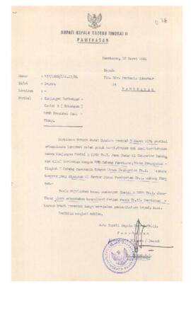 Surat Bupati KDH . II Pamekasan kepada Pembantu Gubernur di Pamekasan tgl 10 Maret 1984 tentang k...