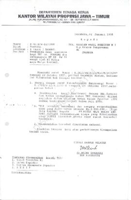 Kepala Kanwil Depnaker Prop.Jatim : Surat kepada AsistenWakil Presiden RI Up.Urusan pengawasan PO...