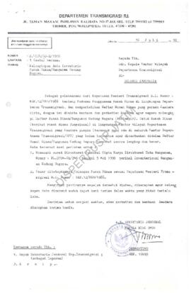 Surat dari Kepala Biro Umum Dep Transmigrasi kpd Ka Kanwil Dep Transmigrasi Prop Jatim ttg keleng...