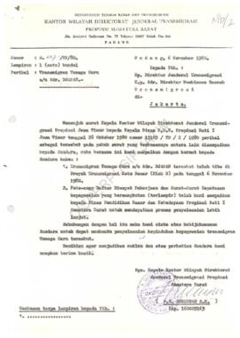Surat dari Kantor Wilayah Departemen Tenaga Kerja dan Transmigrasi Propinsi Sumatera Barat kepada...