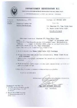 Pengakuan pendirian Sub penyalur alat kesehatan CV.Tiga Putra Jl.Wisma Lidah Kulon E/32 Surabaya,...