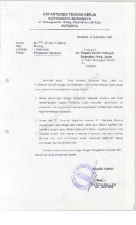 Kepala Kantor Departemen Tenaga Kerja Kotamadya Surabaya : Surat kepada Kepala Kantor  Wilayah De...